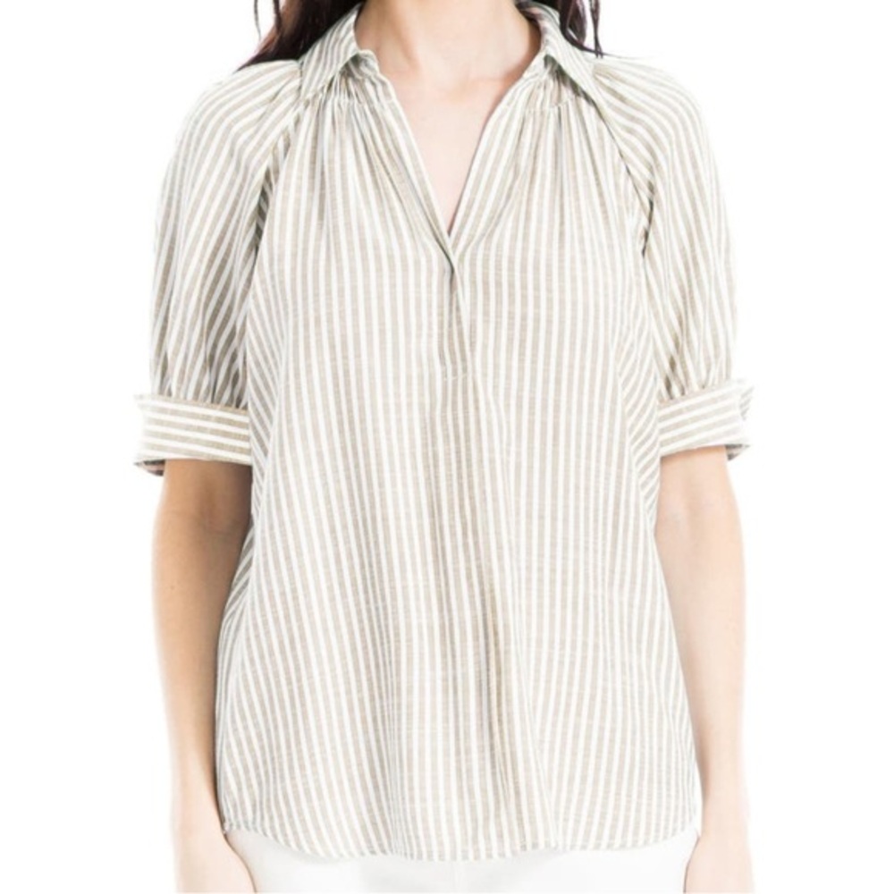 Max Studio London Green Striped Blouse 3X Roll Tab Sleeve Tunic NWT